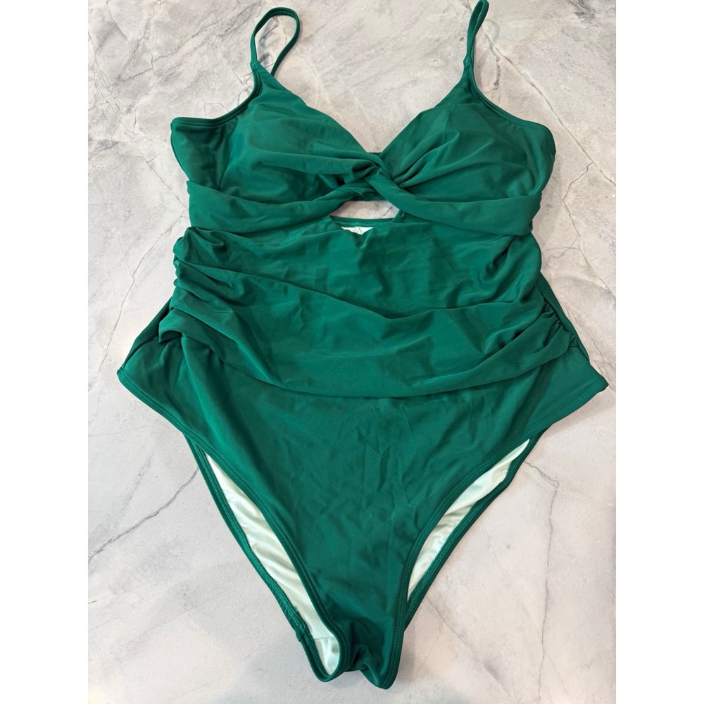 Cupshe Women's One-Piece Swimsuit Green Solid High Leg XL Spaghetti